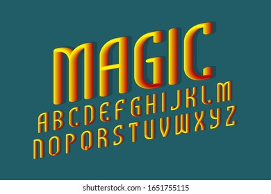 Magic alphabet of yellow red gradient 3d letters. 3d display font. Isolated english alphabet.