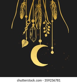 Magic amulets hanging on black background. Vector hand drawn illustration