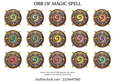Magic amulets, mirrors and glass sphere. Vector cartoon icons set, gui elements for game about witchcraft or wizard with pendants with gems and crystals in stone and wooden frame
