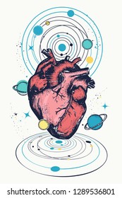 Magic anatomical heart in space, galaxies and planets t-shirt design. Symbol of love, philosophy, psychology, imagination, dream. Surreal sci-fi poster 