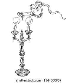 Magic ancient chandelier. Candle flame, smoke. Hand drawn engraving medieval style ink and nib pen vector illustration. Fantasy, occultism, ritual, witchcraft, rock, heavy metal music, gothic concept.