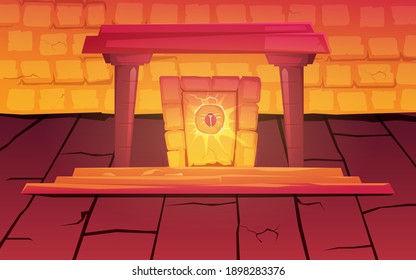 El antiguo portal mágico de egipto con símbolo de la escarba y la luz mística dentro de la pirámide o la tumba del faraón. Fondo del juego de dibujos animados vectores con sala de piedra, arco y obelisco con señalización de escarabajo