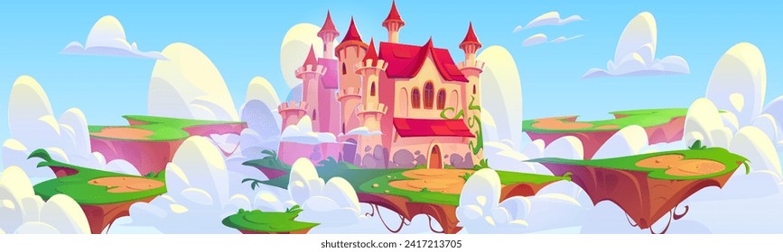 Magic ancient kingdom castle floating on ground platform in sky with clouds. Cartoon vector fantasy island with green grass and path to fairytale palace with gates and towers for game ui design.