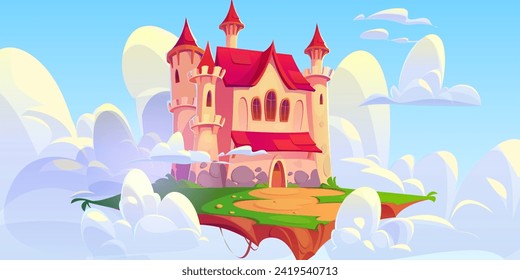 El antiguo castillo mágico del reino flotando en una plataforma terrestre en el cielo con nubes. Isla de fantasía vectorial de dibujos animados con hierba verde y camino a palacio de cuento de hadas con puertas y torres para el diseño de juegos ui.