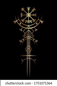 Magic ancient viking art deco, Golden Vegvisir magic navigation compass. The Vikings used many symbols in accordance to Norse mythology,  widely used in Viking society. Logo icon Wiccan esoteric sign