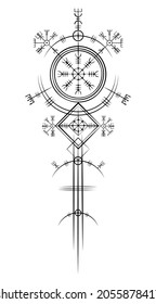 Magic ancient viking art deco, Vegvisir magic navigation compass ancient. The Vikings used many symbols in accordance to Norse mythology,  widely used in Viking society. Logo icon Wiccan esoteric sign