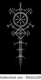 Magic ancient viking art deco, Vegvisir magic navigation compass ancient. The Vikings used many symbols in accordance to Norse mythology,  widely used in Viking society. Logo icon Wiccan esoteric sign