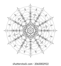 Magique vieux viking art déco, Vegvisir magique navigation compas antique. Mandala Vikings a utilisé de nombreux symboles en accord avec la mythologie nordique, largement utilisée dans la société viking. Icône logo, signe ésotérique