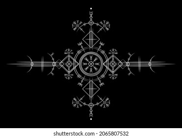 Magic ancient viking art deco, White Vegvisir navigation compass ancient. The Vikings used many symbols in accordance to Norse mythology,  widely used in Viking society. Logo icon Wiccan esoteric sign