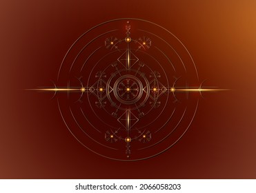 Magic ancient viking art deco, Gold Vegvisir navigation compass ancient. The Vikings used many symbols in accordance to Norse mythology,  widely used in Viking society. Logo icon Wiccan esoteric sign