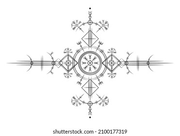 Magic ancient viking art deco, White Vegvisir navigation compass ancient. The Vikings used many symbols in accordance to Norse mythology,  widely used in Viking society. Logo icon Wiccan esoteric sign