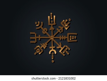 Magic ancient viking art deco, Gold Vegvisir navigation compass ancient. The Vikings used many symbols in accordance to Norse mythology,  widely used in Viking society. Logo icon Wiccan esoteric sign