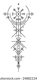 Mágico antiguo vikingo art deco, Vegvisir mágico navegación compás antiguo. Los vikingos usaron muchos símbolos de acuerdo con la mitología nórdica, ampliamente utilizada en la sociedad vikinga. Icono del logotipo Signo esotérico de Wiccan