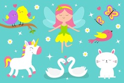 Magic Animal Set. Fairy Little Princess With Wings. Flower Dress. Unicorn, Swan, Bird, Butterfly, Rabbit Bunny. Cute Cartoon Kawaii Funny Baby Character. Flat Design. Blue Background. Isolated. Vector