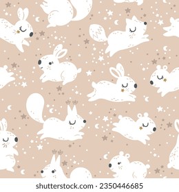Magic animals seamless pattern with stars, Beige woodland rabbit and bear fabric design.