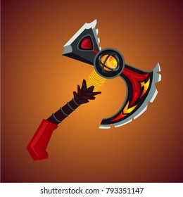 Magic antique battle axe. Viking weapon cartoon style. Game design icon concept.