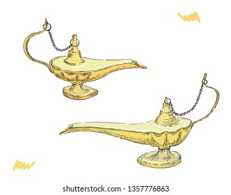 Magic Arabic lamp. Hand drawn ink sketch vector illustration. Vintage style.