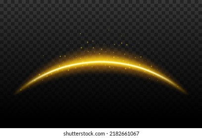 Magic arc, vector light effect of shining beam or shooting star abstract curve with sparkles. 3d curved line with gold flare, glitter and fairy dust on dark background. Magic arc or planet shadow