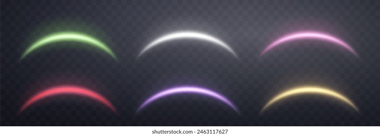 Arcos mágicos de diferentes colores con partículas brillantes, destellos de lentes de luz solar. Arco de llamarada de energía realista neón. Efecto de luz Abstractas sobre un fondo transparente. Ilustración vectorial.