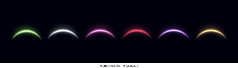 Magic arches different colors with glowing particles, sunlight lens flare. Neon realistic energy flare arch. Abstract light effect on a black background. Vector illustration.