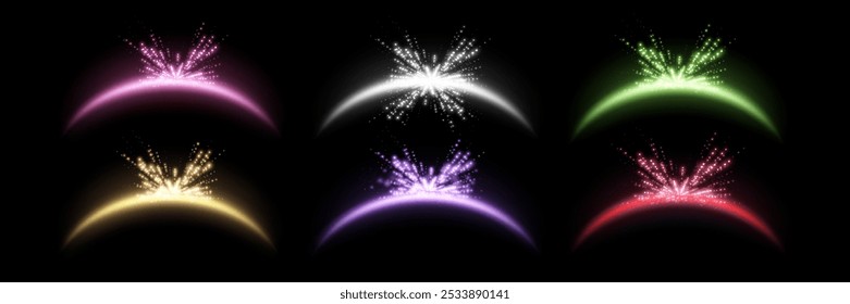 Magic arches different colors with glowing particles, sunlight lens flare. Neon realistic energy flare arch. Abstract light effect on a black background. Vector illustration.