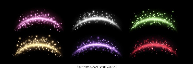 Arcos mágicos de diferentes cores com partículas brilhantes, luz solar lente flare. Arco de erupção de energia realista neon. Efeito de luz abstrata sobre um fundo preto. Ilustração vetorial.