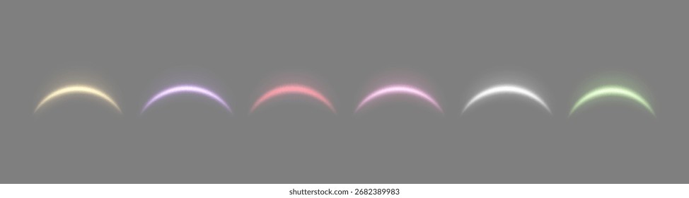 Magic arches different colors with glowing particles, sunlight lens flare. Neon realistic energy flare arch. Abstract light effect on a grey background. Vector illustration.