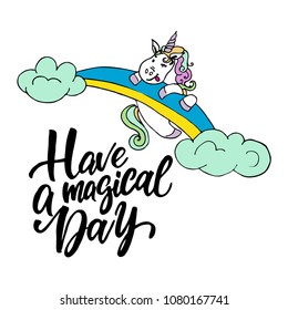 Magic is Around illustration made in vector. Unique lettering with handdrawn elements. Unicorn serie.