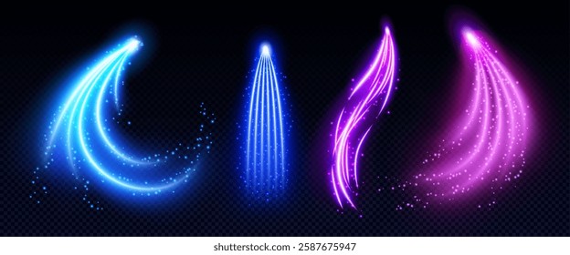 Magic arrow light trails set isolated on transparent background. Vector realistic illustration of neon blue and purple lines, magic spell motion, fantasy power energy effect, cosmic asteroid trace