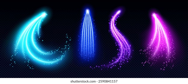 Magic arrow light trails set isolated on transparent background. Vector realistic illustration of neon blue and purple lines, magic spell motion, fantasy power energy effect, cosmic asteroid trace