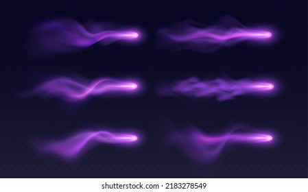 Magic arrows effect, purple light trails with colorful haze, realistic witch spell blast in motion. Vector illustration.