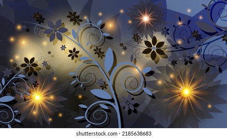 Magic art floral wallpaper. Curved abstract stems with leaves and flowers of various sizes against a backdrop of lights, overlapping shapes, mixing colors. Author's work. Vector.