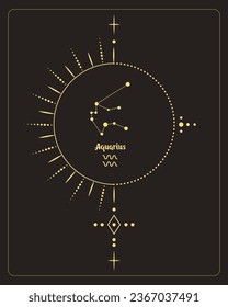 Magic astrology poster with Aquarius constellation, tarot card. Golden design on a black background. Vertical illustration, vector