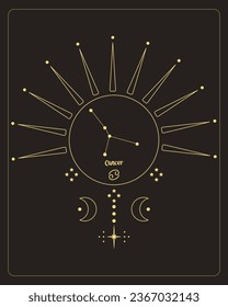Magic astrology poster with Cancer constellation, tarot card. Golden design on a black background. Vertical illustration, vector	
