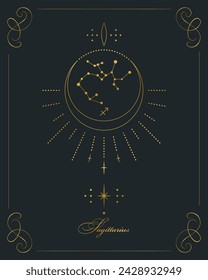 Magic astrology poster with constellation sagittarius, tarot card. Golden design on a black background. Vertical illustration, vector