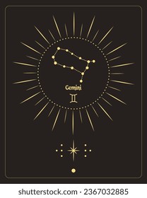 Magic astrology poster with Gemini constellation, tarot card. Golden design on a black background. Vertical illustration, vector	