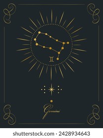 Magic astrology poster with Gemini constellation, tarot card. Golden design on a black background. Vertical illustration, vector