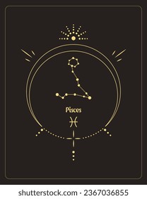 Magic astrology poster with Pisces constellation, tarot card. Golden design on a black background. Vertical illustration, vector	
