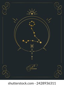 Magisches Astrologie-Poster mit Fische-Konstellation, Tarotkarte. Goldenes Design auf schwarzem Hintergrund. Vertikale Darstellung, Vektor