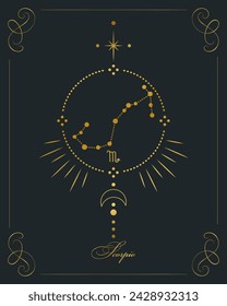 Magic astrology poster with scorpio constellation, tarot card. Golden design on a black background. Vertical illustration, vector