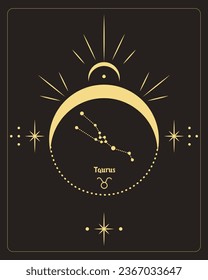 Magic astrology poster with Taurus constellation, tarot card. Golden design on a black background. Vertical illustration, vector	
