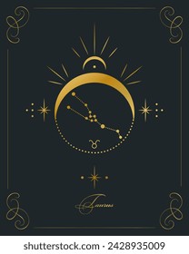 Magic astrology poster with Taurus constellation, tarot card. Golden design on a black background. Vertical illustration, vector