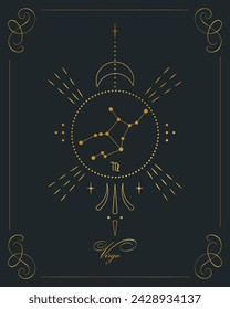 Magic astrology poster with Virgo constellation, tarot card. Golden design on a black background. Vertical illustration, vector