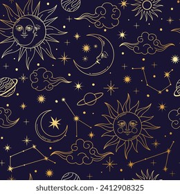 Magic astrology seamless pattern. Art cosmic space background with sun, moon, star, planet and constellations. Decorative galaxy celestial esoteric elements. Vector print. Mysterious cosmos