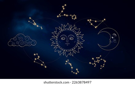 Magic astrology sky with Zodiac constellations, crescent moon, sun and stars