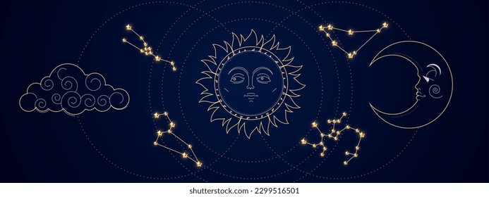 Magic astrology sky with Zodiac constellations, crescent moon, sun and stars