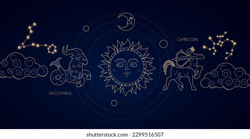 Magic astrology sky with Zodiac constellations, crescent moon, sun and stars