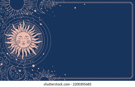 Banner de boho de astrología mágica con espacio para copiar. Sol con estrellas en un fondo azul vintage, espacio para texto. Ilustración celestial vectorial para tarot, zodiaco, esotérico.