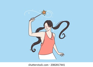 Magic attributes and fun concept. Smiling positive excited girl with long black hair holding magic wand in raised hand feeling playful vector illustration 