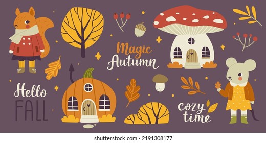 Magic autumn bundle with baby animals and fairy tale houses. Cute cartoon fall set.